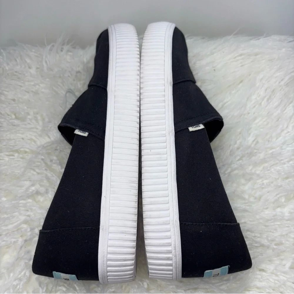 TOMS Women 9.5M Alpargata Platform Canvas Slip On Shoes‎ Black White